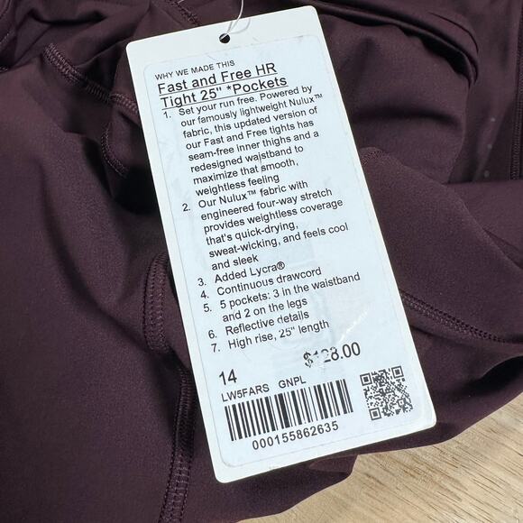 Lululemon Fast and Free High-Rise Tight 25” Pockets Women's Size 14 New With Tag - Picture 8 of 12